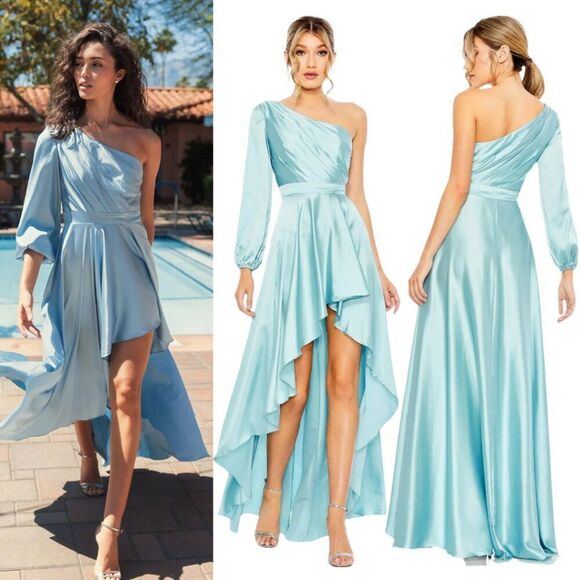 Mac Duggal 49141 Size 2 Blue Long Sleeve One Shoulder Satin High Low Gown Dress - Picture 1 of 4